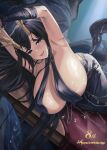  1girl absurdres anniversary antlers arms_up asymmetrical_horns azur_lane black_dress black_hair blue_eyes breast_curtains breasts cleavage commentary_request deer_antlers dress golden_hind_(azur_lane) hair_between_ass highres horns huge_breasts long_hair looking_at_viewer mole mole_under_mouth mori_yashiro_(konkon_oyashiro) open_mouth reindeer_antlers revealing_clothes silver_chain solo suction_cups tentacles tongue tongue_out very_long_hair 
