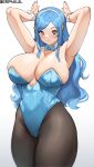  +_+ 1girl :3 armpits artist_name bangs bare_arms black_pantyhose blue_bow blue_bowtie blue_eyes blue_hair blue_leotard bow bowtie breasts bunny_pose cameltoe cleavage closed_mouth collarbone commentary_request cromwellb detached_collar dot_nose gigantic_breasts hair_ornament hands_up highleg highleg_leotard highres himouto!_umaru-chan leotard long_hair looking_at_viewer pantyhose parted_bangs playboy_bunny shadow simple_background solo split_mouth strapless strapless_leotard symbol-shaped_pupils tachibana_sylphynford thick_thighs thighs white_background wrist_cuffs yellow_pupils 