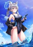  3girls animal_ear_fluff animal_ears armpits bangs bare_shoulders black_jacket blue_archive blue_eyes blush breasts collarbone competition_swimsuit covered_navel day extra_ears finger_on_trigger grey_hair halo hand_on_hip highleg highleg_swimsuit highres holding holding_water_gun hoshino_(blue_archive) jacket large_breasts lkeris long_hair long_sleeves looking_at_viewer mismatched_pupils multiple_girls off_shoulder official_alternate_costume one-piece_swimsuit open_clothes open_jacket outdoors parted_lips ponytail serika_(blue_archive) serika_(swimsuit)_(blue_archive) shiroko_(blue_archive) shiroko_(swimsuit)_(blue_archive) sidelocks solo_focus standing swimsuit thighs two-tone_swimsuit wading water water_gun wet 
