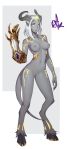  1girl absurdres bare_shoulders breasts closed_mouth colored_sclera colored_skin commission contrapposto distr draenei gauntlets grey_skin hand_up highres hooves horns looking_at_viewer medium_breasts monster_girl navel nipples nude original pointy_ears priest_(warcraft) pussy single_gauntlet solo tail tattoo uncensored warcraft white_eyes white_hair world_of_warcraft yellow_eyes yellow_sclera 