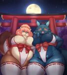  2022 abyssal_wolf anthro asaba_(shibaemonxsk) asian_clothing belly big_breasts blush breast_squish breasts breasts_frottage canid canine canis clothed clothing duo east_asian_clothing elvia female female/female female_anthro fur hair hi_res high_cut_miko_outfit huge_breasts japanese_clothing kemono legwear looking_at_viewer low-angle_view mammal miko_outfit moon night overweight overweight_anthro overweight_female raccoon_dog shibaemonxsk shrine_maiden sky squish tanuki thigh_highs torii wolf 