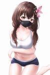  1girl absurdres arm_under_breasts bangs breasts brown_eyes brown_hair hair_between_eyes highres hololive large_breasts long_hair looking_at_viewer mask mouth_mask navel riri_yo short_shorts shorts simple_background solo tokino_sora twintails virtual_youtuber white_background 