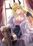  1girl asymmetrical_hair black_skirt black_thighhighs blonde_hair blue_eyes blush breasts cleavage closed_mouth collared_shirt commentary crossed_legs curtains demon_girl demon_horns demon_tail demon_wings feet_out_of_frame gradient_hair hair_ribbon hand_on_own_cheek hand_on_own_face highres hololive horns indoors jacket lace-trimmed_skirt lace-trimmed_thighhighs lace_trim lips long_hair looking_at_viewer medium_breasts miniskirt multicolored_hair off_shoulder open_clothes open_jacket pencil_skirt pink_hair pink_shirt pointy_ears ribbon shigiroid shirt shirt_tucked_in sidelocks sitting skirt sleeveless sleeveless_shirt smile solo sunlight tail thighhighs two-tone_hair virtual_youtuber white_jacket white_ribbon window wing_collar wings yuzuki_choco zettai_ryouiki 