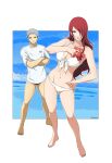  1boy 1girl absurdres alternate_costume barefoot bikini border breasts cleavage collarbone commentary_request crossed_arms fingernails flower grey_eyes grey_hair hair_over_one_eye hand_on_hip hibiscus highres igusaharu kirijou_mitsuru lips long_hair looking_at_viewer male_swimwear medium_breasts navel one_eye_covered outside_border persona persona_3 pink_lips red_eyes red_flower red_hair sanada_akihiko shirt short_hair short_sleeves smile stomach swim_briefs swimsuit t-shirt toes twitter_username white_bikini white_border white_shirt 