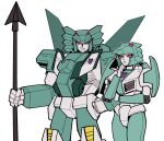  1boy 1girl airplane_wing brother_and_sister decepticon extra_eyes green_helmet helmet highres humanoid_robot insignia leozack lyzack mecha mechanical_wings ntov198440 polearm red_eyes robot robot_girl science_fiction siblings transformers transformers_victory weapon white_background wings 