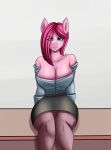  anthro anthrofied big_breasts breasts cleavage clothed clothing equid equine female friendship_is_magic hair hi_res mammal my_little_pony pink_hair pinkie_pie_(mlp) sitting solo upskirt wide_hips zachc 