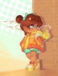  1girl absurdres baby_daisy baby_daisy_(touring) blue_eyes brick_wall child cigarette dark_skin gloves hair_bun hand_in_pocket highres holding holding_cigarette jacket mario_(series) mario_kart mario_kart_world onimiere orange_jacket princess_daisy shorts smoking yellow_gloves 
