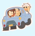  1girl 2boys :d alternate_costume black_hair blue_background blue_car brown_hair car chibi chibi_only cigarette driving fist_pump getou_suguru gojou_satoru ieiri_shoko jewls jujutsu_kaisen mole mole_under_eye motor_vehicle multiple_boys open_mouth outline round_eyewear shirt short_hair smile steering_wheel sunglasses tank_top tears through_window white_hair 