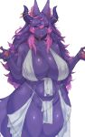  absurd_res anthro big_breasts breasts carsen clothed clothing felid feline female fur hair hi_res mammal nipples open_mouth open_smile partially_clothed purple_body purple_fur purple_hair simple_background smile solo thick_thighs wide_hips 
