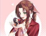  1boy 1girl absurdres aerith_gainsborough black_hair bracelet braid braided_ponytail brown_hair chibi couple crisis_core_final_fantasy_vii dress final_fantasy final_fantasy_vii final_fantasy_vii_remake green_eyes hair_ribbon heart highres holding holding_heart in_palms jacket jewelry long_hair looking_at_another miniboy montaro open_mouth pink_dress pink_ribbon red_jacket ribbon spiked_hair zack_fair 