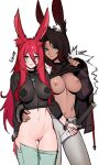  2girls :3 absurdres animal_ear_fluff animal_ears arm_around_waist ass_visible_through_thighs black_shirt blue_eyes blue_pants breasts brown_hair bunny_girl_(distr) closed_mouth clothes_lift cross_pasties distr flashing grey_pants height_difference highres holding holding_sword holding_weapon jacket jewelry kirih_shiraishi_(sword_scream) large_breasts long_hair looking_at_viewer multiple_girls navel necklace nipples no_panties original pants pasties pussy rabbit_ears red_hair shirt shirt_lift simple_background smile standing sword thigh_gap uncensored weapon white_background 