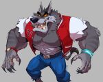 2023 abs activision anthro belt bottomwear claws clock clothing crash_bandicoot_(series) dasyuromorph ear_piercing evil_face eyebrows fangs fur grey_background grey_body grey_fur hi_res jacket letterman_jacket male mammal marsupial muscular muscular_anthro muscular_arms muscular_male neck_tuft open_mouth open_smile orange_sclera pants pecs piercing polartoons recently_extinct_species ring sharp_teeth shirtless simple_background smile solo striped_body striped_fur stripes tail tail_tuft teeth thick_eyebrows thylacine tiny_tiger tongue topwear torn_bottomwear torn_clothing torn_jacket torn_pants tuft watch werewolf_tiny_tiger white_body white_fur wristband