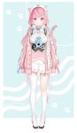  1girl ahoge animal_ears animal_hands badge bell belt blue_bow blue_ribbon blush bow bow_legwear braid breasts button_badge cardigan cat_ears cat_girl cat_hair_ornament cat_tail cleavage closed_mouth commentary_request dress extra_ears full_body garter_straps gloves hair_bow hair_ornament hairclip heart heart_print highres hood hooded_cardigan indie_virtual_youtuber jingle_bell large_breasts long_hair looking_at_viewer low_twintails maid maid_headdress neck_bell neck_ribbon official_art paw_print pink_background pink_bow pink_cardigan pink_dress pink_eyes pink_hair pink_tail ribbon shoes short_sleeves single_garter_strap single_thighhigh socks solo star_(symbol) star_hair_ornament suspenders tail tail_ornament tail_ribbon thigh_belt thigh_strap thighhighs thighs twintails underbust virtual_youtuber white_belt white_dress white_garter_straps white_gloves white_shoes white_socks white_thighhighs yuuki_hagure yuuki_sakuna yuuki_sakuna_(3rd_costume) 