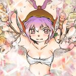  animal_ears armpits bad_id bad_pixiv_id blush collarbone fingernails food foreshortening goton_goton green_nails hands head_scarf heart mystia_lorelei nail_polish no_shirt okamisty pink_hair sarashi short_hair skewer solo symbol-shaped_pupils touhou 