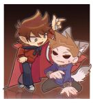  2boys alternate_species animal_ears animification artist_collaboration black_cape black_pants black_shoes blue_hoodie border brown_background brown_hair cape commentary deformed eddsworld english_commentary grey_eyes hair_horns highres holding holding_leash hollow_eyes hood hood_down hoodie kemonomimi_mode leash male_focus multiple_boys naelmin open_mouth pants pointy_ears raeahmi red_hoodie shoes short_hair sneakers standing tail tom_(eddsworld) tord_(eddsworld) vampire white_border wolf_boy wolf_ears wolf_tail 