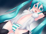  armpits arms_up blush green_eyes green_hair hatsune_miku hatsune_miku_(append) highres long_hair navel open_mouth orebelt panties solo striped striped_panties thighhighs twintails underwear very_long_hair vocaloid vocaloid_append 