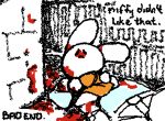 animated anthro bad_end blood bodily_fluids bottomwear chibi clothing colored death digital_media_(artwork) dress duo female gore human lagomorph leporid ligma_(artist) low_res male mammal miffy pants rabbit sitting sketch text wigglypaint_(artwork)