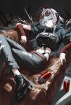 1girl absurdres ahoge antennae arknights arm_warmers black_shirt black_shoes blue_eyes blue_pants can cheong_seol closed_mouth collared_shirt couch crop_top cropped_shirt denim drink_can eyewear_on_head foot_out_of_frame grey_hair highres jeans long_hair looking_at_viewer lying midriff navel on_back on_couch pants panty_straps shirt shoes short_sleeves sneakers soda_can solo striped_arm_warmers sunglasses tied_shirt torn_clothes torn_pants w_(arknights) 