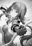  1girl armlet arrow_(projectile) artemis_(danmachi) astraea_record blunt_bangs bow_(weapon) bracer braid breasts circlet closed_mouth drawing_bow dress dungeon_ni_deai_wo_motomeru_no_wa_machigatteiru_darou_ka from_side gloves greyscale hand_up highres holding holding_arrow holding_bow_(weapon) holding_weapon jewelry kakage long_hair long_sidelocks looking_at_viewer looking_to_the_side low-braided_long_hair low-tied_long_hair medium_breasts monochrome novel_illustration official_art sidelocks sleeveless sleeveless_dress smile solo third-party_source tight_clothes tight_dress weapon 