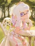  1girl braid chair choker closed_mouth dress garden gloves gold_tiara gradient_hair green_choker hair_ribbon hair_rings hand_on_own_chin head_rest highres inkling inkling_girl inkling_player_character long_hair looking_at_viewer mihuashi_506932 multicolored_hair on_chair outdoors pink_ribbon pointy_ears puffy_short_sleeves puffy_sleeves purple_eyes purple_hair ribbon short_sleeves single_braid single_hair_ring sitting solo splatoon_(series) table tentacle_hair tiara too_many_watermarks two-tone_hair watermark white_dress white_gloves white_hair 