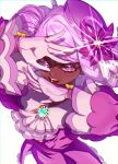  1girl absurdres ascot breasts dark-skinned_female dark_skin dress fascinator frills glove_bow gloves glowing godouyu_(neisukun) highres jacinthe_(pokemon) long_hair long_sleeves looking_at_viewer mega_stone open_mouth pokemon pokemon_legends:_z-a purple_dress purple_eyes purple_hair simple_background smile solo teeth very_dark_skin white_ascot white_background white_gloves 
