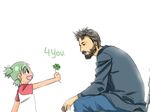  1girl 4chan :d beard clover crossover drawfag facial_hair four-leaf_clover green_eyes green_hair keanu_reeves koiwai_yotsuba meme object_namesake open_mouth quad_tails real_life real_life_insert simple_background sitting smile white_background yotsubato! 