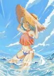  1girl bare_shoulders bikini blue_bikini blue_eyes blue_hair blue_sky cloud cloudy_sky commentary_request fortissimo frilled_bikini frills hat looking_at_viewer mahou_shoujo_madoka_magica mahou_shoujo_madoka_magica_(anime) miki_sayaka ocean open_mouth partially_shaded_face rekoku short_hair sky solo straw_hat swimsuit thigh_strap wading water 