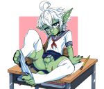 anus balls bandage blue_eyes book bottomwear candy chastity_cage chastity_device clothed clothing dessert feet female food foot_focus footwear genitals goblin green_body green_skin gum hair humanoid job_application koud3x legwear lips male markings messenger_bag nails panties panties_down partially_clothed pencil school_uniform shoes skirt snowflake solo stripes taigaxholic tape thigh_highs toes underskirt underwear underwear_down uniform white_hair