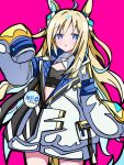  1girl ahoge animal_ears badge bandeau black_bandeau blonde_hair blue_eyes blue_hair blush breasts button_badge coat colored_inner_hair commentary_request diamond_hair_ornament ear_covers ear_ornament hair_between_eyes hair_ornament highres horse_ears horse_girl horse_tail jacket kikkasoon long_hair long_sleeves looking_at_viewer multicolored_hair neo_universe_(umamusume) neo_universe_(universe-naut)_(umamusume) parted_lips pink_background single_ear_cover sleeves_past_fingers sleeves_past_wrists solo tail two-tone_hair two-tone_tail umamusume white_coat 