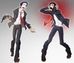  1boy adachi_tooru arms_up belt belt_buckle black_hair black_jacket black_pants black_suit brown_belt brown_shoes buckle collared_shirt full_body godzillapigeon1 grey_eyes gun handgun hashtag-only_commentary highres holding holding_gun holding_weapon jacket lapels layered_sleeves looking_at_viewer male_focus multiple_views necktie notched_lapels open_clothes open_collar open_jacket open_mouth pants persona persona_4 raised_eyebrow red_necktie shirt shirt_tucked_in shoes short_hair suit suit_jacket teeth weapon white_shirt wide-eyed 