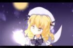  1girl black_bow blonde_hair bow bowtie closed_mouth expressionless full_moon hat holding luna_child moon multicolored_eyes shirt solo touhou traditional_bowtie white_shirt zoirun 