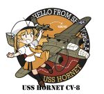  1girl aircraft airplane black_hair black_socks brown_shoes chibi chibi_only commentary english_commentary english_text hat holding kneehighs multicolored_hair necktie open_mouth orange_hair orange_necktie orange_skirt original personification shirt shoes short_sleeves simple_background skirt socks solo star_(symbol) streaked_hair uss_hornet_(cv-8) white_hat white_shirt yorktown_cv-5 