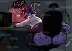 angry anthro bent_over big_butt bottom_heavy butt chair clothed clothed_male clothing computer computer_monitor deadlock electronics femboy fur furniture gaming hi_res huge_butt hyena male mammal markings on_chair pear-shaped_figure powerfluffys purple_body purple_fur sharp_teeth sitting sitting_on_chair solo spots spotted_body spotted_fur teeth thick_thighs torn_clothing uromatsu valve wide_hips yellow_eyes