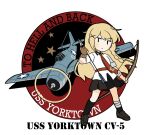  1girl aircraft airplane arrow_(projectile) bandaged_leg bandages black_eyes black_skirt black_socks blonde_hair bow_(weapon) braid brown_gloves chibi closed_mouth commentary english_commentary english_text gloves hair_ornament holding holding_arrow holding_bow_(weapon) holding_weapon long_hair necktie original partially_fingerless_gloves personification pleated_skirt red_necktie shirt shoes side_braid single_glove skirt sleeves_rolled_up socks solo star_(symbol) uss_yorktown_(cv-5) weapon x_hair_ornament yorktown_cv-5 