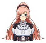  1girl black_scrunchie blue_eyes blush bow bowtie braid breasts center_frills closed_mouth collar commentary dress english_commentary frilled_collar frilled_dress frills gem glasses gothic_lolita hair_ornament hair_scrunchie half_up_half_down_braid high_ponytail kometoze large_breasts lolita_fashion long_hair looking_at_viewer official_alternate_costume orange_hair ponytail ranmaru_(senran_kagura) red_gemstone scrunchie senran_kagura senran_kagura_new_link senran_kagura_new_wave simple_background solo swept_bangs underbust upper_body white_background white_bow white_bowtie 