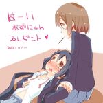  black_hair blazer brown_eyes brown_hair food hato_haru hirasawa_yui holding_hands jacket k-on! long_hair mouth_hold multiple_girls nakano_azusa pantyhose pocky school_uniform short_hair skirt sleeves_past_wrists translated twintails untied yuri 