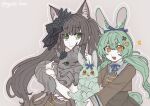 2girls :3 :d ;3 animal animal_ear_fluff animal_ears animalization assault_lily black_flower black_hair black_ribbon blue_ribbon blush brown_background brown_dress brown_skirt cat cat_ears cat_girl closed_mouth commentary cropped_jacket dress flower frilled_shirt_collar frills gatti_love green_eyes green_hair hair_between_eyes hair_flower hair_ornament hair_ribbon hands_up highres holding holding_animal holding_cat holding_rabbit kamigoori_marimo kemonomimi_mode long_hair long_sleeves looking_at_viewer low_twintails multiple_girls neck_ribbon notice_lines one_eye_closed open_mouth orange_eyes person_and_animalization rabbit rabbit_ears rabbit_girl rabbit_tail ribbon school_uniform shirt short_sleeves side-by-side simple_background skirt smile standing suspender_skirt suspenders suspenders_slip symbol-only_commentary tail twintails twitter_username ueda_imari upper_body v-shaped_eyebrows very_long_hair white_shirt wrist_cuffs yellow_flower 