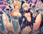  2girls animal_ears arch_bishop_(ragnarok_online) arms_up assassin_cross_(ragnarok_online) bad_id bad_twitter_id black_gloves black_leotard blonde_hair blue_dress blue_eyes bow breasts bug cameltoe cat_ears cat_girl cleavage cleavage_cutout clothing_cutout commentary_request commission cross dolomedes dress feet_out_of_frame gloves grey_hair hair_bow huge_breasts large_breasts leotard long_hair multiple_girls nanase_kokono open_mouth panties partially_visible_vulva ragnarok_online red_bow red_eyes restrained sash silk spider spider_web spread_legs thighhighs two-tone_dress underwear white_dress white_panties white_thighhighs yellow_sash 