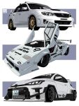 absurdres artist_logo car commentary english_commentary gullwing_doors highres lamborghini license_plate logo motor_vehicle no_humans original race_vehicle racecar sorithespooky spoiler_(automobile) sponsor sports_car subaru_impreza toyota_gr_yaris vehicle_focus vehicle_request white_car 