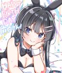  1girl absurdres animal_ears bare_shoulders black_bow black_bowtie black_hair black_hairband black_leotard blue_eyes blush bow bowtie breasts cleavage closed_mouth collar commentary_request confetti detached_collar fake_animal_ears hair_ornament hairband hairclip hand_up happy_birthday heart highres jako_(jakoo21) leotard long_hair medium_breasts playboy_bunny rabbit_ears rabbit_hair_ornament sakurajima_mai seishun_buta_yarou smile solo strapless strapless_leotard streamers upper_body white_collar wing_collar wrist_cuffs 