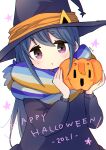  1girl 2021 absurdres artist_name blue_hair blue_scarf commentary_request dress halloween halloween_costume happy_halloween hat highres holding holding_pumpkin jack-o'-lantern long_hair long_sleeves looking_at_viewer mint_(mintlemonade3) open_mouth pumpkin purple_eyes scarf shima_rin solo star_(symbol) striped_clothes striped_scarf sweatdrop upper_body witch witch_hat yurucamp 