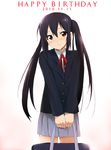  bag black_hair blush brown_eyes happy_birthday holding k-on! kaiga long_hair nakano_azusa neck_ribbon red_ribbon ribbon school_bag school_uniform sidelocks smile solo twintails v_arms 