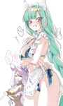  2girls apron arms_under_breasts bikini blue_bikini blush braid breasts character_request clenched_teeth closed_eyes commentary_request copyright_request cowboy_shot green_hair grey_eyes hat highres long_hair low-braided_long_hair low-tied_long_hair maid maid_apron maid_bikini medium_breasts multiple_girls pink_hair pink_hat shuri_(84k) side-tie_bikini_bottom simple_background solo_focus sun_hat swimsuit teeth translation_request unconventional_maid very_long_hair waist_apron white_apron white_background yellow_bikini 
