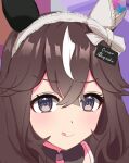  1girl :p alternate_costume animal_ears auxuelus blush brown_hair close-up closed_mouth commentary_request curren_bouquetd'or_(umamusume) grey_eyes hair_between_eyes hair_ornament highres horse_ears horse_girl long_hair looking_at_viewer meni_shuki_rush-sshu! portrait simple_background solo tongue tongue_out umamusume 