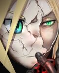  1boy absurdres aqua_eyes arialla_draws black_materia blonde_hair broken_mask cloud_strife commentary crack cracked_kawaii_mask english_commentary final_fantasy final_fantasy_vii highres holding male_focus mask materia portrait slit_pupils solo 