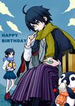  1girl :t ahoge bad_id bad_pixiv_id bird birthday black_hair blue_eyes boots brown_eyes cake cloud day eating emperor_penguin english food fruit fuura_kafuka gift glasses hair_ornament hairclip hakama haori happy_birthday holding itoshiki_nozomu japanese_clothes kimono loafers penguin perspective pout purple_hakama ribbon sayonara_zetsubou_sensei scarf school_uniform serafuku shoes short_hair shosei skirt sky strawberry strawberry_shortcake tears watamatsu_(polidori) 