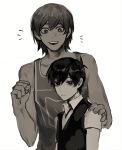  2boys :d antenna_hair arms_at_sides bags_under_eyes bare_arms bare_shoulders bright_pupils chuan clenched_hand clenched_teeth collared_shirt commentary double-parted_bangs fingernails greyscale hair_behind_ear hair_between_eyes hand_on_another's_shoulder hand_up height_difference highres kel_(faraway)_(omori) kel_(omori) looking_at_another looking_at_viewer looking_down male_focus monochrome multiple_boys notice_lines omori open_mouth shirt short_hair short_sleeves smile sunny_(omori) sweater_vest symbol-only_commentary tank_top teeth toned toned_male upper_body upper_teeth_only upturned_eyes very_short_hair 