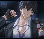  1boy ananta black_gloves black_hair blue_eyes blue_necktie collared_shirt double-parted_bangs fingerless_gloves gloves hair_between_eyes hashtag-only_commentary highres id_card jacket jewelry lapels layered_sleeves letterboxed long_sleeves looking_at_viewer male_focus male_protagonist_(ananta) necklace necktie notched_lapels open_clothes open_collar open_jacket parted_lips shirt short_hair smile solo sonomi suit_jacket twitter_username upper_body watermark white_shirt wing_collar 