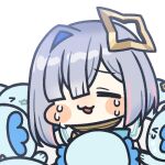  1girl amane_kanata amane_kanata_(1st_costume) asymmetrical_bangs chibi closed_eyes colored_inner_hair commentary_request hair_over_one_eye halo hololive jazz_jack lowres multicolored_hair pink_hair single_hair_intake solo_focus star_halo tears tilted_halo upao_(amane_kanata) virtual_graduation_commemoration virtual_youtuber white_background 