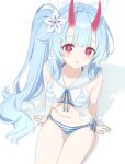  1girl :o aqua_hair aqua_halo arm_support armpit_crease bikini blue_archive blue_bikini blunt_bangs blush breasts center-flap_bangs chise_(blue_archive) chise_(swimsuit)_(blue_archive) commentary_request cowboy_shot flower hair_flower hair_ornament halo highres horns korean_commentary long_hair looking_at_viewer medium_breasts moyashi_dorobou navel official_alternate_costume official_alternate_hairstyle oni parted_lips red_eyes red_horns ribbon sailor_bikini sailor_collar see-through_clothes shadow side-tie_bikini_bottom side_ponytail sidelocks simple_background sitting skin-covered_horns solo striped_bikini striped_clothes swimsuit white_background white_flower white_ribbon white_sailor_collar wrist_ribbon 